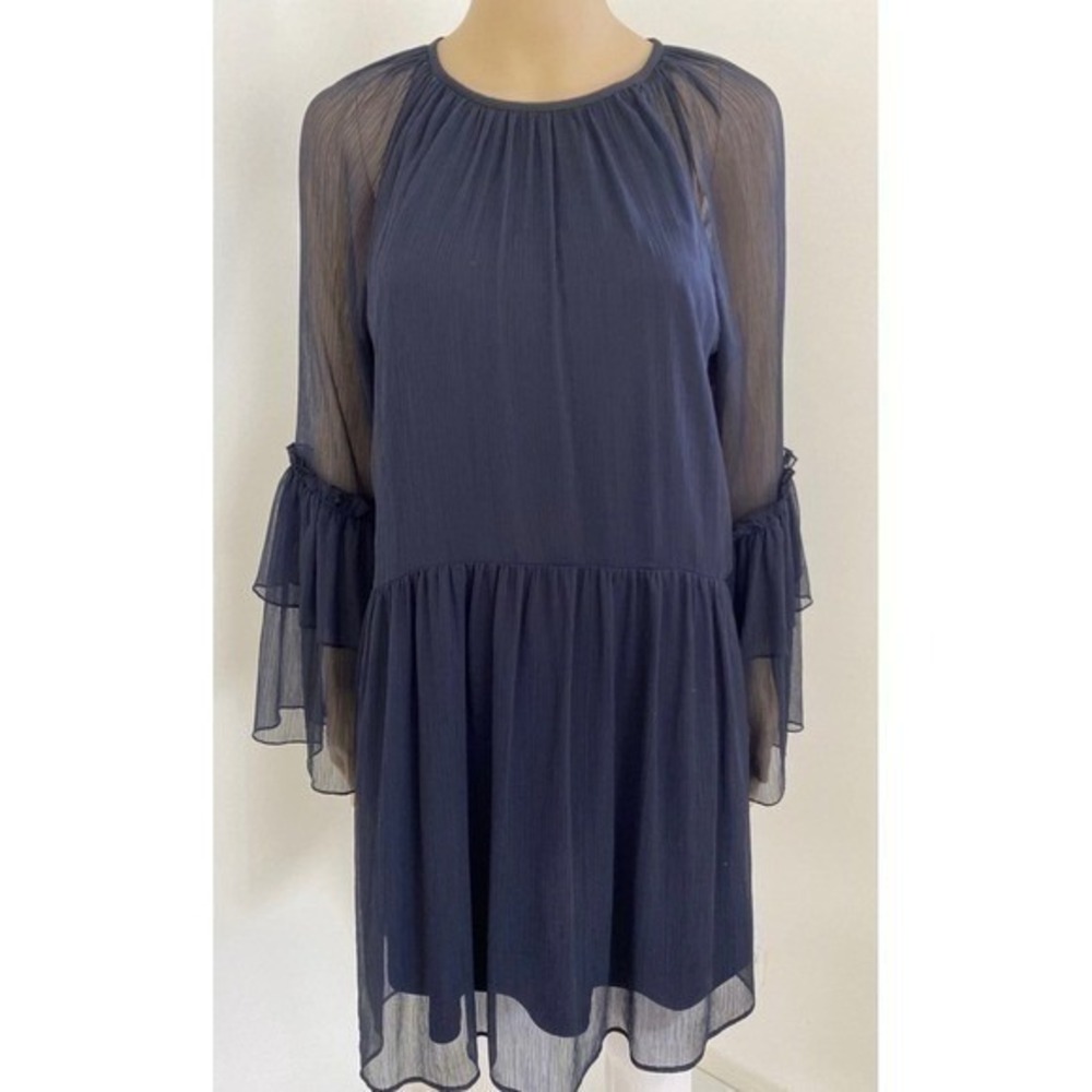 H&M Womens 6 Navy Blue Ruffle Bell Sleeve Dress Boho